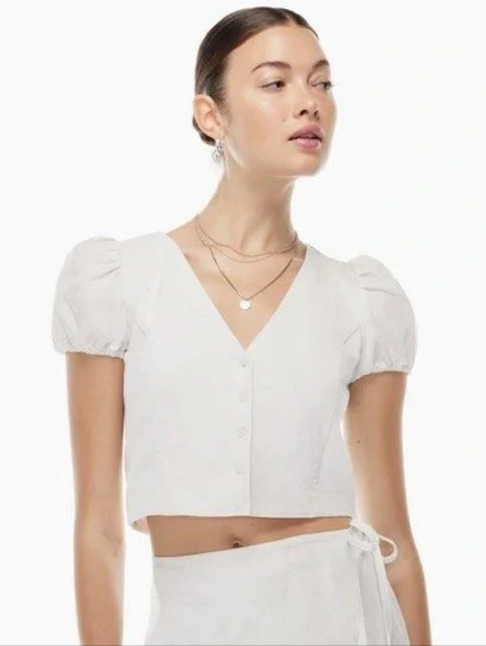 Sunday Best Babbs Blouse Linen Blend Cropped Short Puff Sleeved V-neck Top NWOT